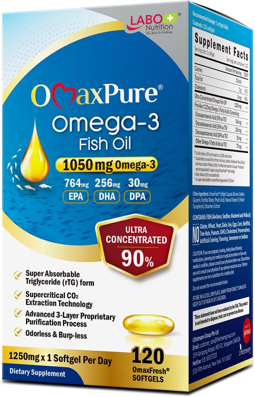 Pharmaceutical Grade LABO Nutrition OmaxPure Omega-3 Fish Oil, 120 Count, 1125mg DHA & EPA, CO2 Extracted rTG Form for Heart, Joint, Brain & Immune Support