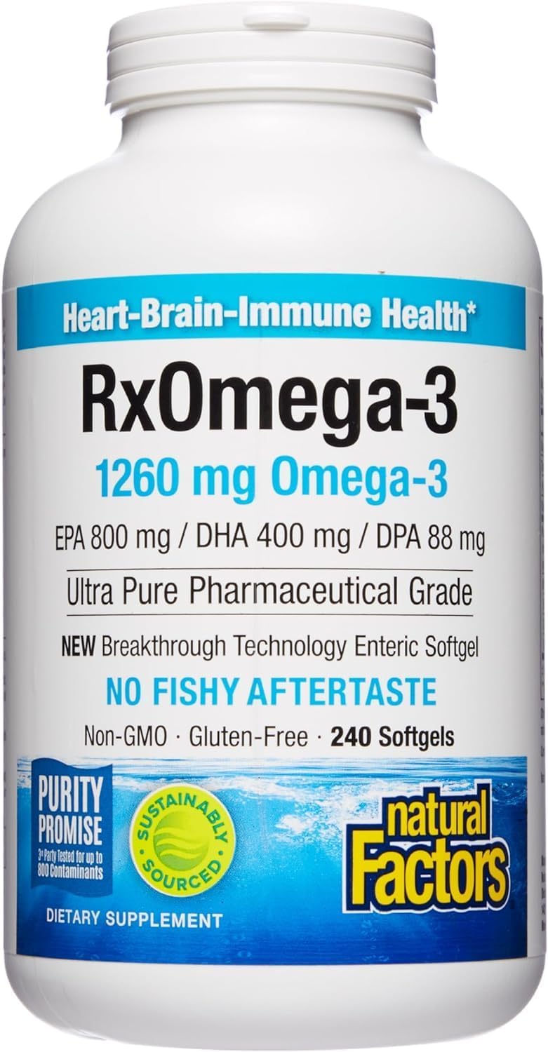 Pharmaceutical Grade Natural Factors RxOmega-3 Fish Oil, 1260 mg Omega-3 Per Serving, No Fishy Aftertaste, 240 Count