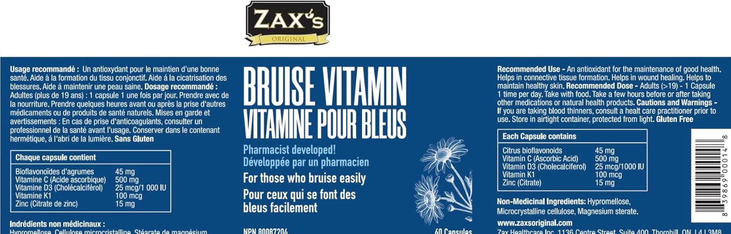 Pharmacist Developed Bruising Supplements with Zinc, Vitamin K, D3, Ascorbic Acid, Citrus Bioflavonoids - 60 Capsules