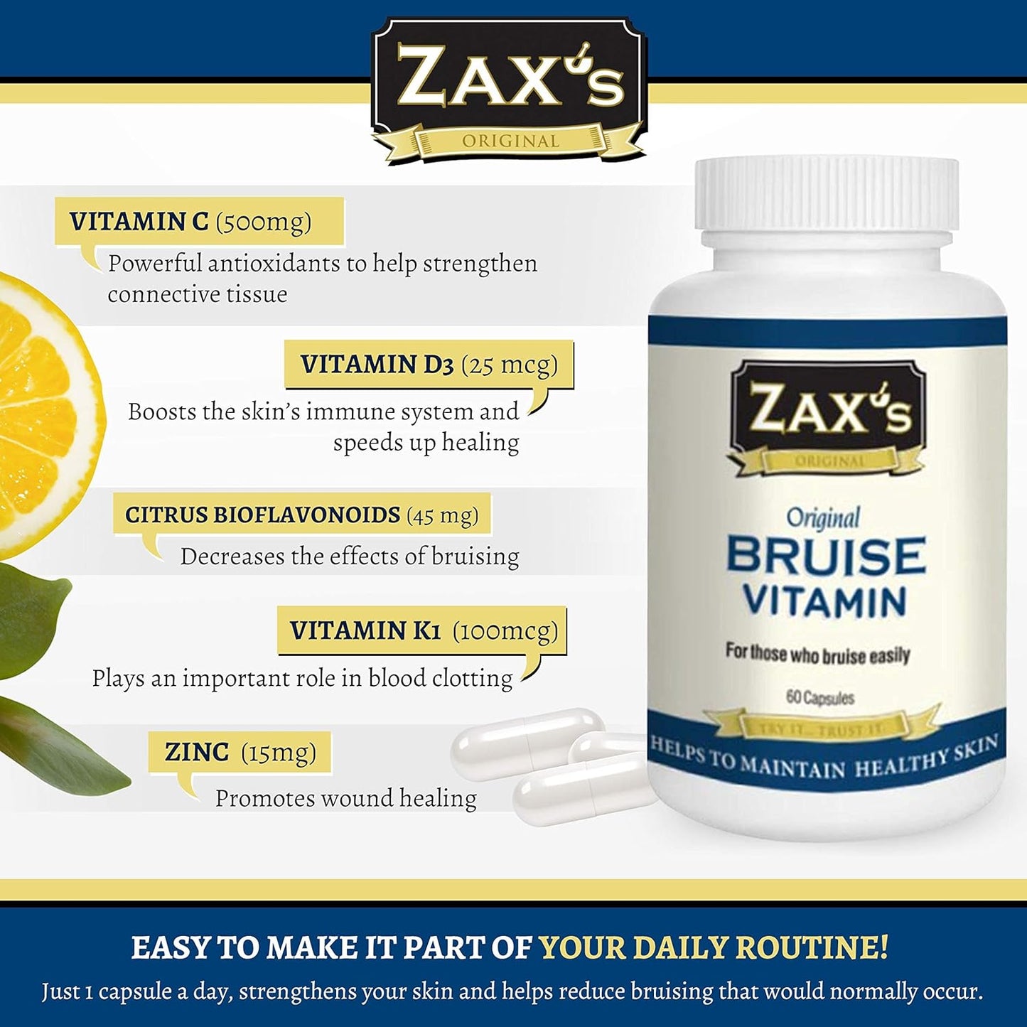 Pharmacist Developed Bruising Supplements with Zinc, Vitamin K, D3, Ascorbic Acid, Citrus Bioflavonoids - 60 Capsules