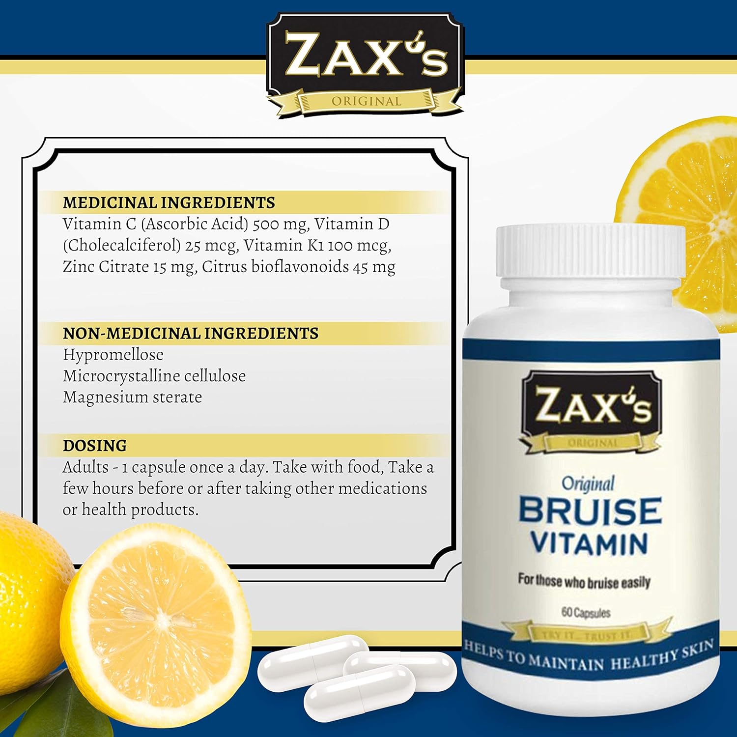 Pharmacist Developed Bruising Supplements with Zinc, Vitamin K, D3, Ascorbic Acid, Citrus Bioflavonoids - 60 Capsules