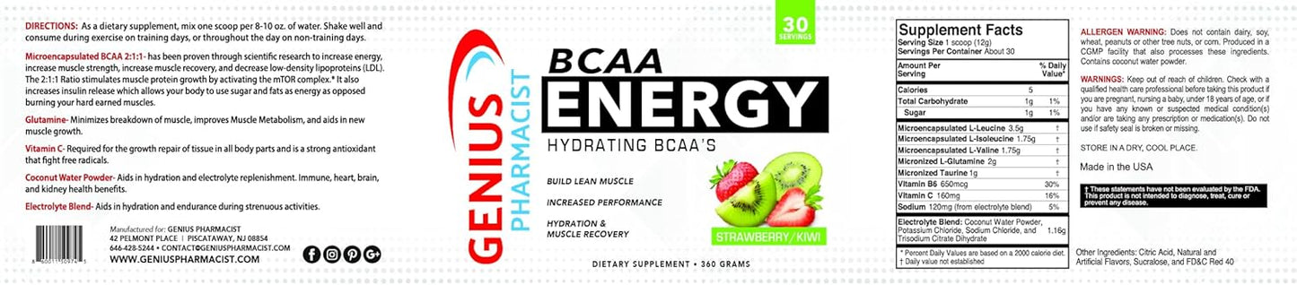 Pharmacist-Formulated BCAA Energy Drink with Hydration Support - Strawberry/Kiwi Flavor, 30 Servings