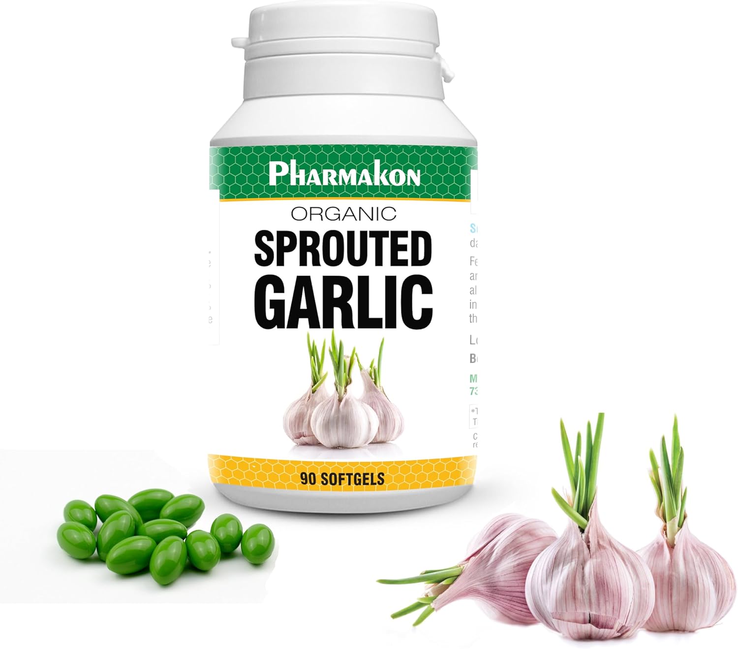 PHARMAKON Organic Sprouted Garlic Capsules (90 Count) - Reduced Odor, Wholesome Supplement