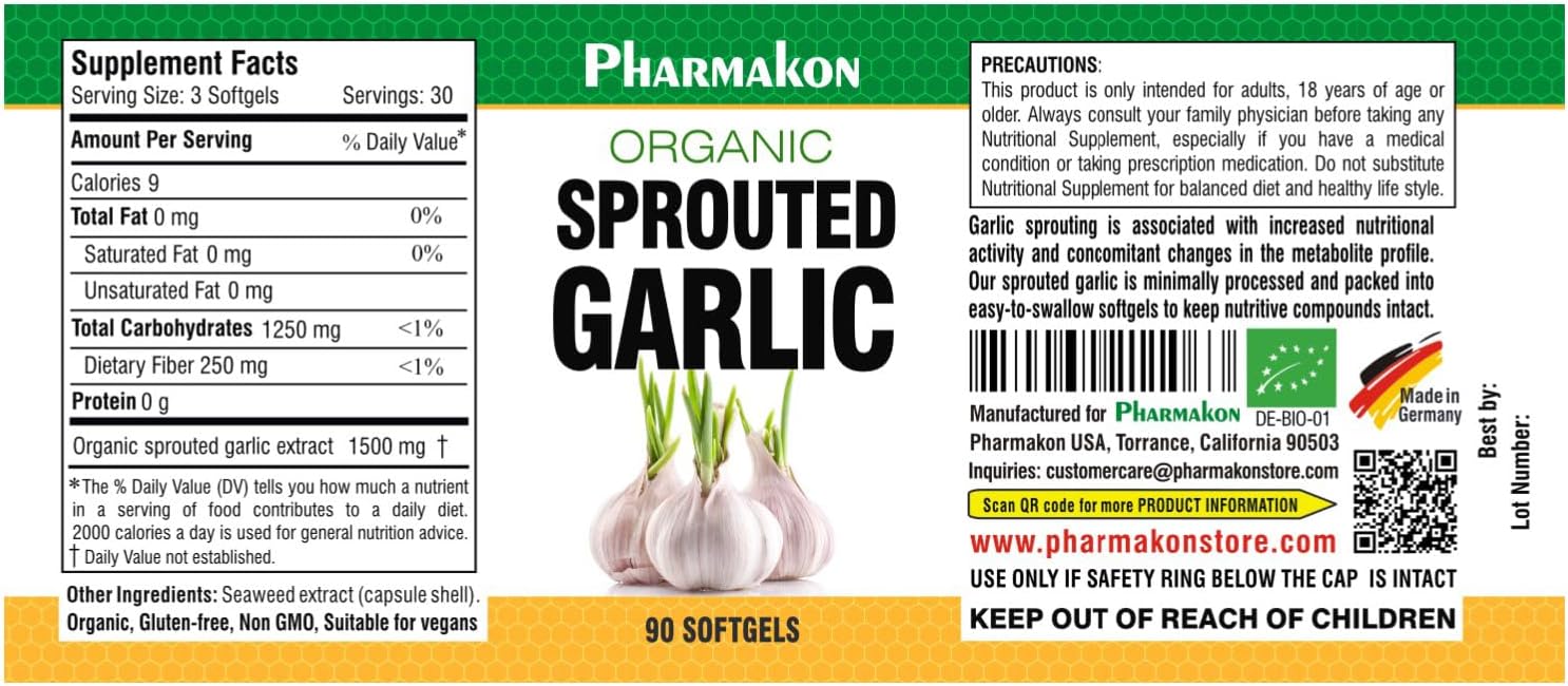 PHARMAKON Organic Sprouted Garlic Capsules (90 Count) - Reduced Odor, Wholesome Supplement