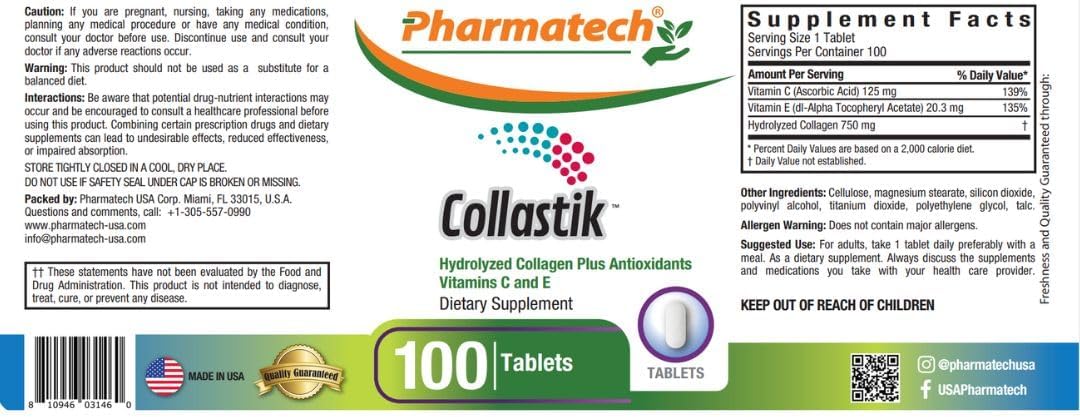 PHARMATECH Women's Hydrolyzed Collagen with Vitamin C & E for Skin and Nails Health - Premium Formula Antioxidant Supplement - 100 Tablets