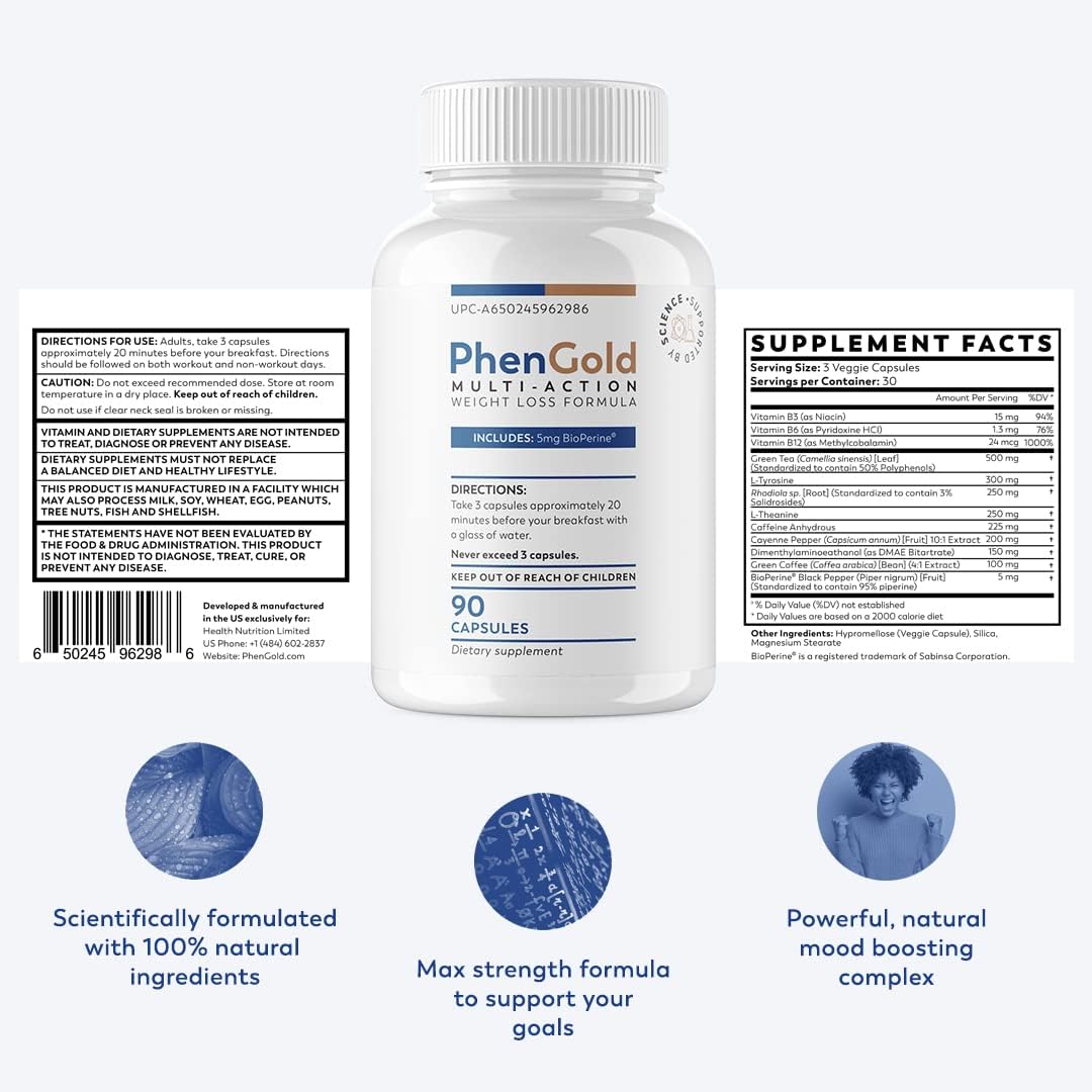 PhenGold: Natural Thermogenic Detox Energy Supplement for Women - Boost Metabolism, Debloating & Appetite Control - 90 Capsules