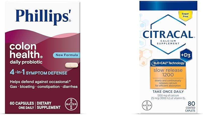 Phillips Colon Health Probiotic Capsules for Daily Symptom Defense + Citracal Slow Release 1200 with Calcium Citrate & Carbonate Blend