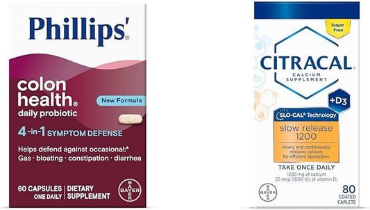 Phillips Colon Health Probiotic Capsules for Daily Symptom Defense + Citracal Slow Release 1200 with Calcium Citrate & Carbonate Blend