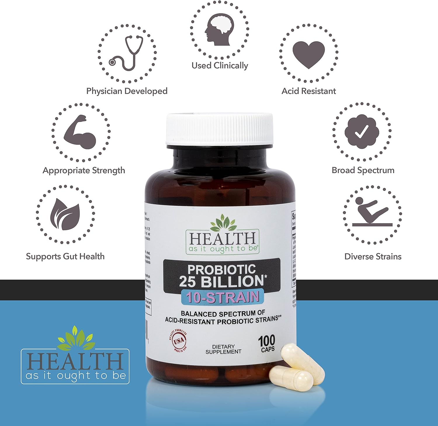 Physician Formulated 25 Billion CFUs Probiotic Supplement with 10 Strains | Acid-Resistant | 100 Veggie Caps - Health As It Ought To Be