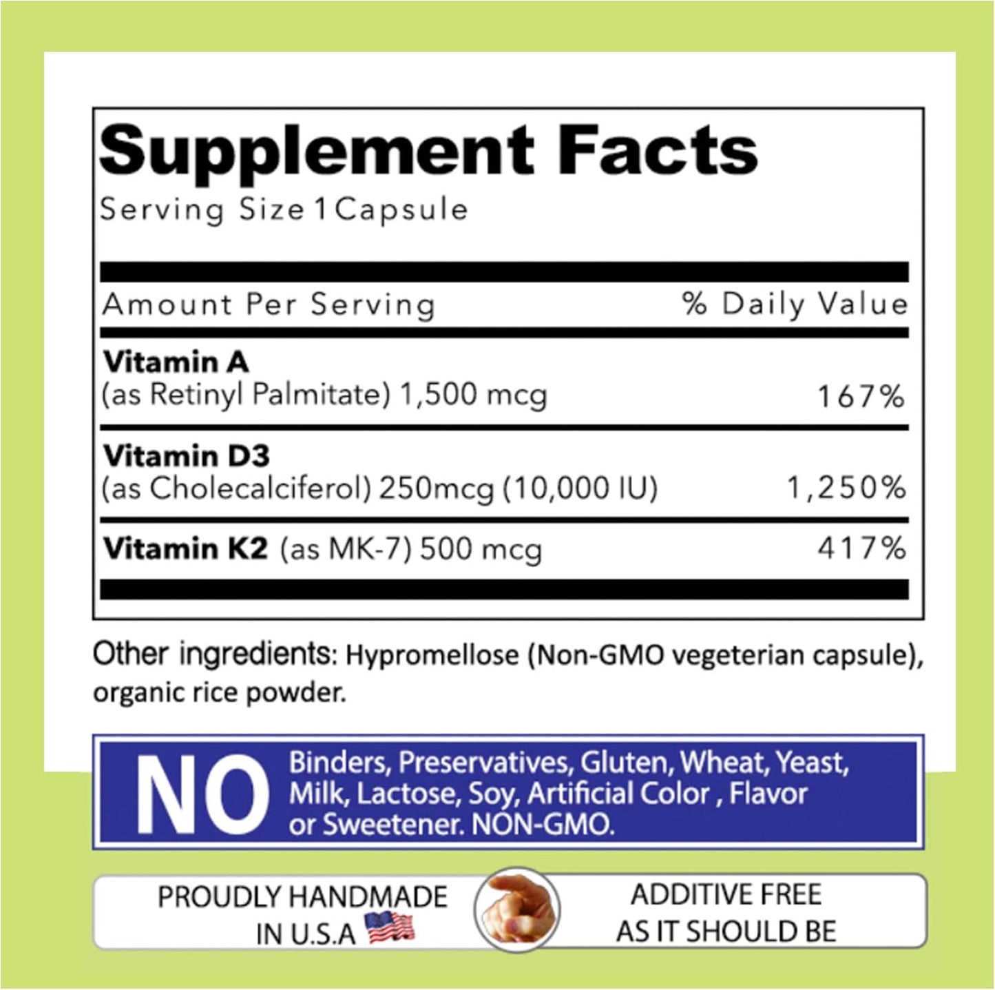 Physician Formulated ADK 10 Double Strength Vitamins A1, D3 & K2 - Bone & Immune Support - 180 Capsules