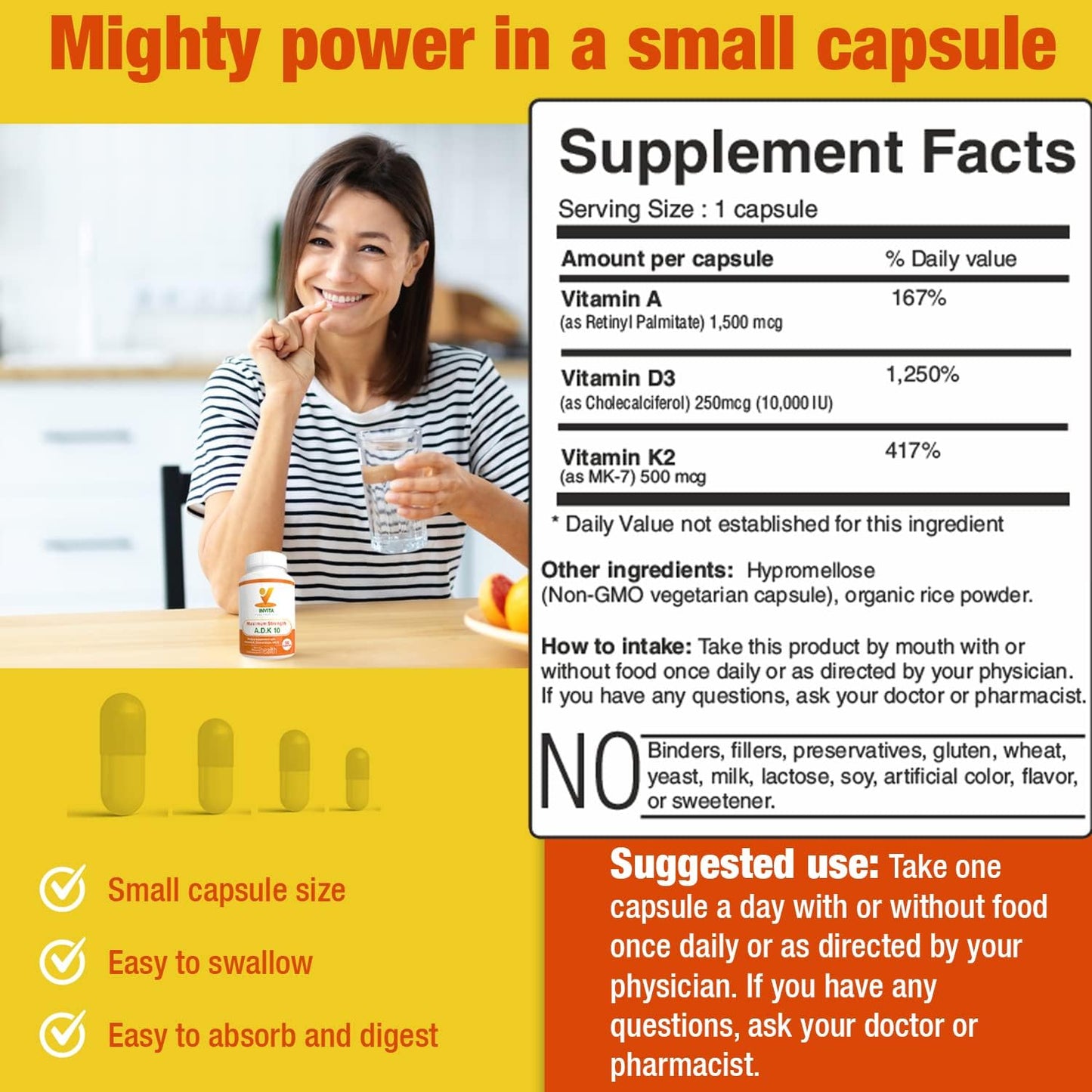 Physician Formulated Double Strength Vitamins A1, D3 & K2 (as MK7) for Bone & Immune Support - Gluten Free, Non GMO - 90 Capsules