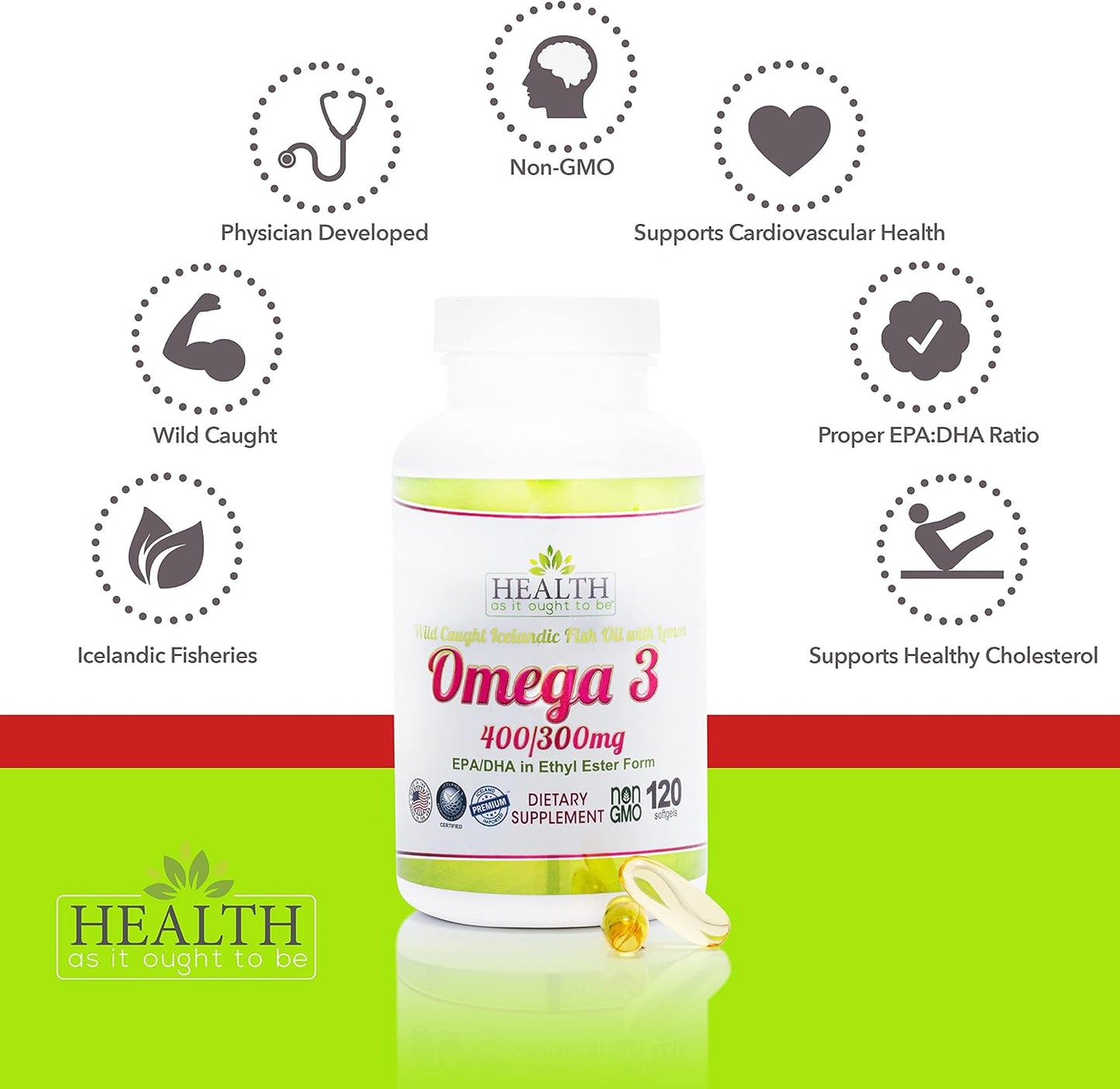 Physician Formulated Omega 3 400/300 mg Supplement | Wild Caught Icelandic Fish Oil with Lemon | 120 Capsules