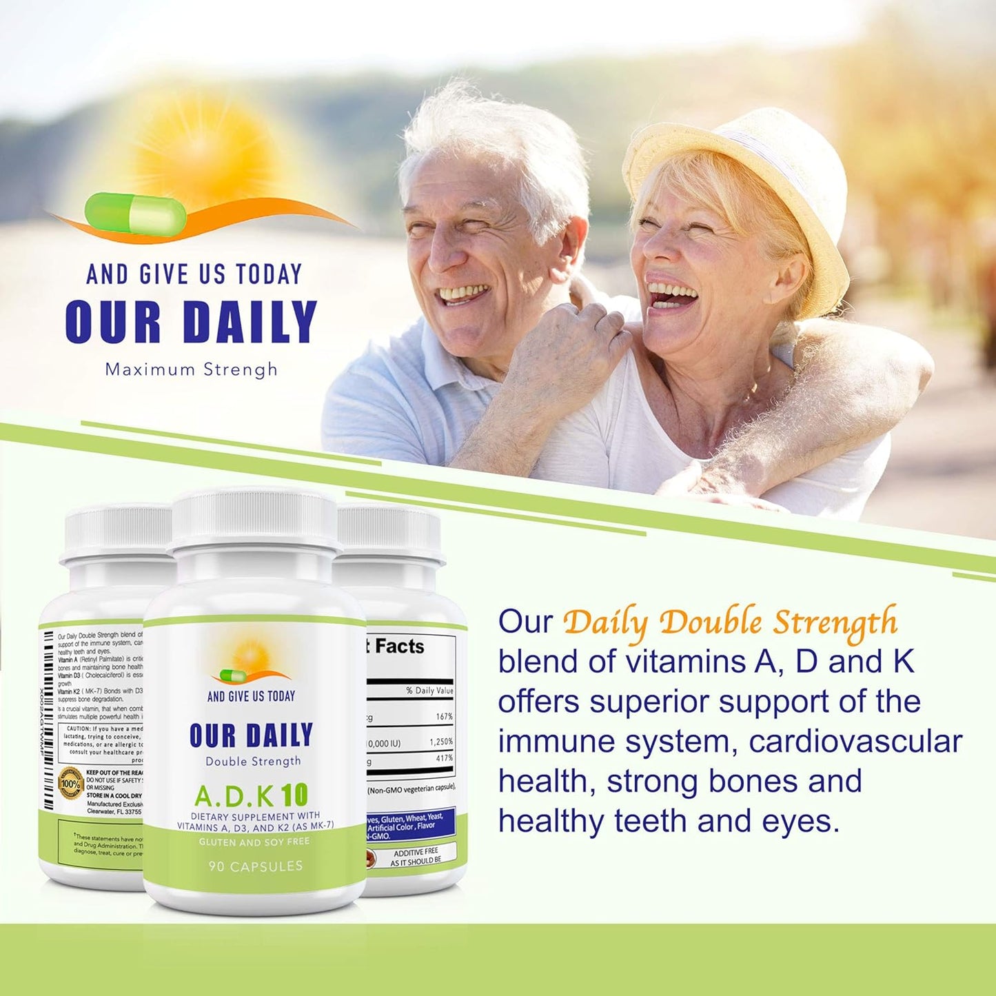 Physician Formulated Vitamin ADK 10 Double Strength Supplement - Bone & Immune Support - 90 Vegetarian Capsules