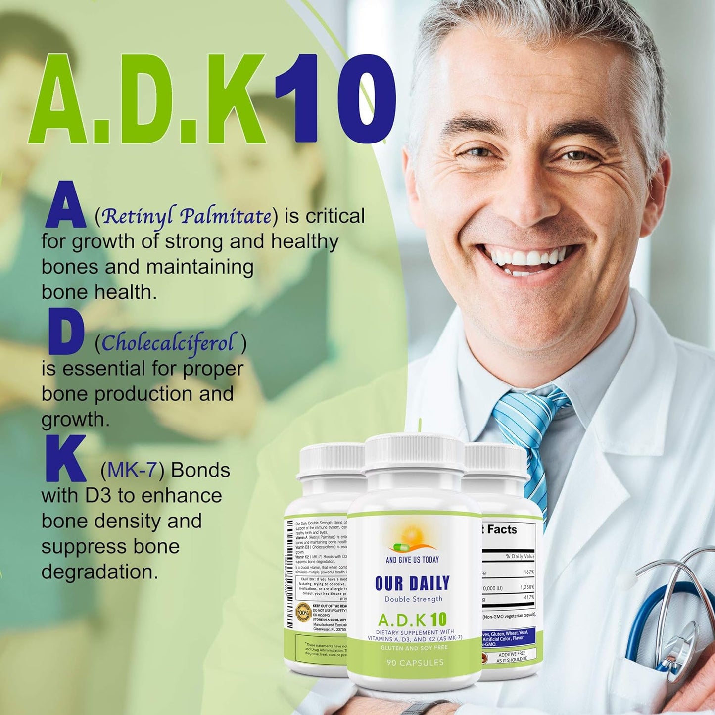 Physician Formulated Vitamin ADK 10 Double Strength Supplement - Bone & Immune Support - 90 Vegetarian Capsules