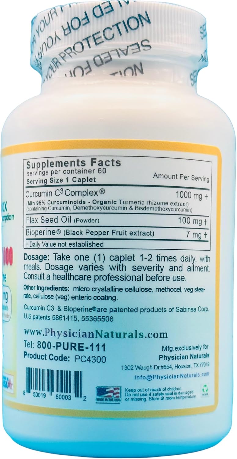 Physician Naturals Mega Potency Super Curcumin 1000mg Time Release Enteric Coated with Bioperine and Flaxseed Oil - Highest Absorption Turmeric Extract