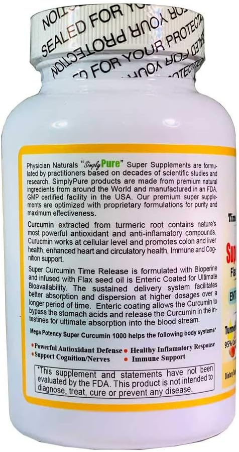Physician Naturals Mega Potency Super Curcumin 1000mg Time Release Enteric Coated with Bioperine and Flaxseed Oil - Highest Absorption Turmeric Extract