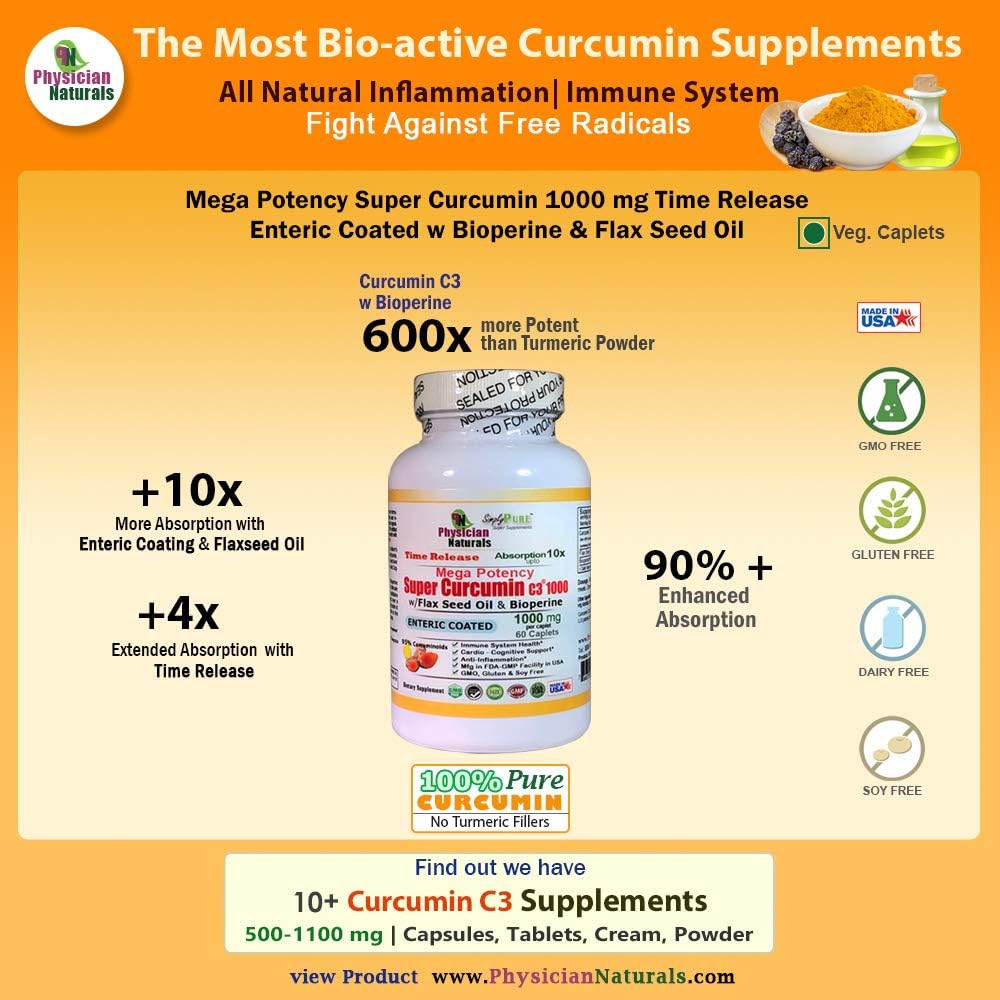 Physician Naturals Mega Potency Super Curcumin 1000mg Time Release Enteric Coated with Bioperine and Flaxseed Oil - Highest Absorption Turmeric Extract