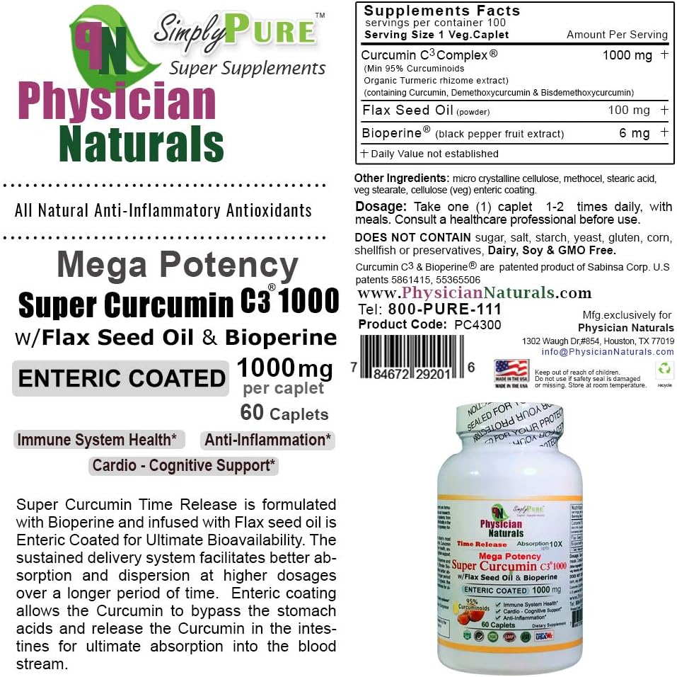 Physician Naturals Mega Potency Super Curcumin 1000mg Time Release Enteric Coated with Bioperine and Flaxseed Oil - Highest Absorption Turmeric Extract