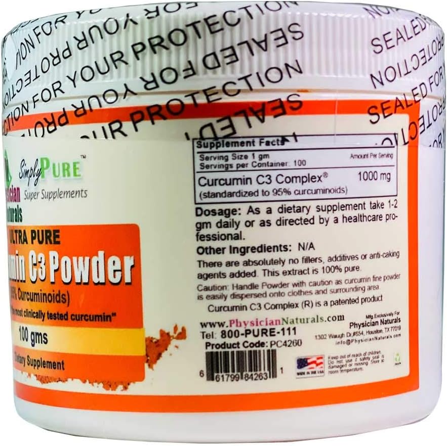 Physician Naturals Pure Curcumin C3 Complex Powder - 100% Turmeric Extract 100g - High Absorption Joint Support & Immune Health