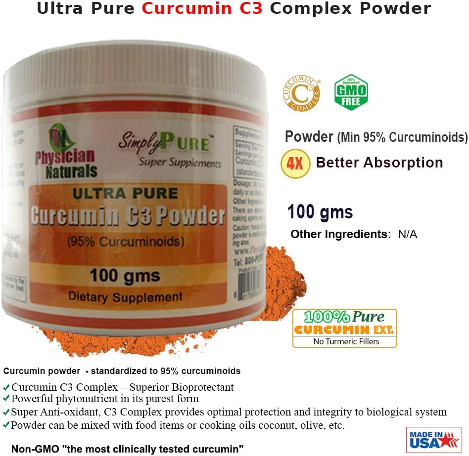 Physician Naturals Pure Curcumin C3 Complex Powder - 100% Turmeric Extract 100g - High Absorption Joint Support & Immune Health