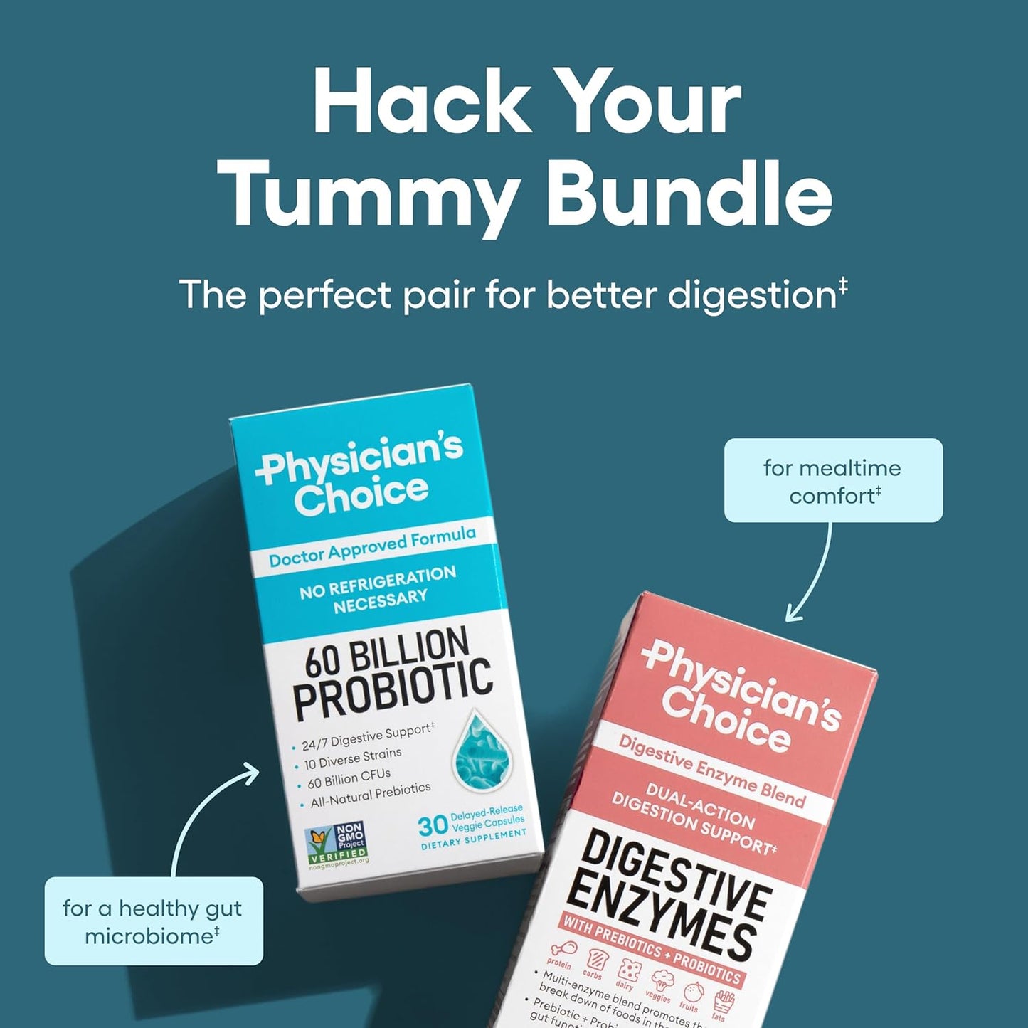 Physician's CHOICE Optimal Gut Health Bundle: 60 Billion Probiotics + Digestive Enzymes for Immune Support