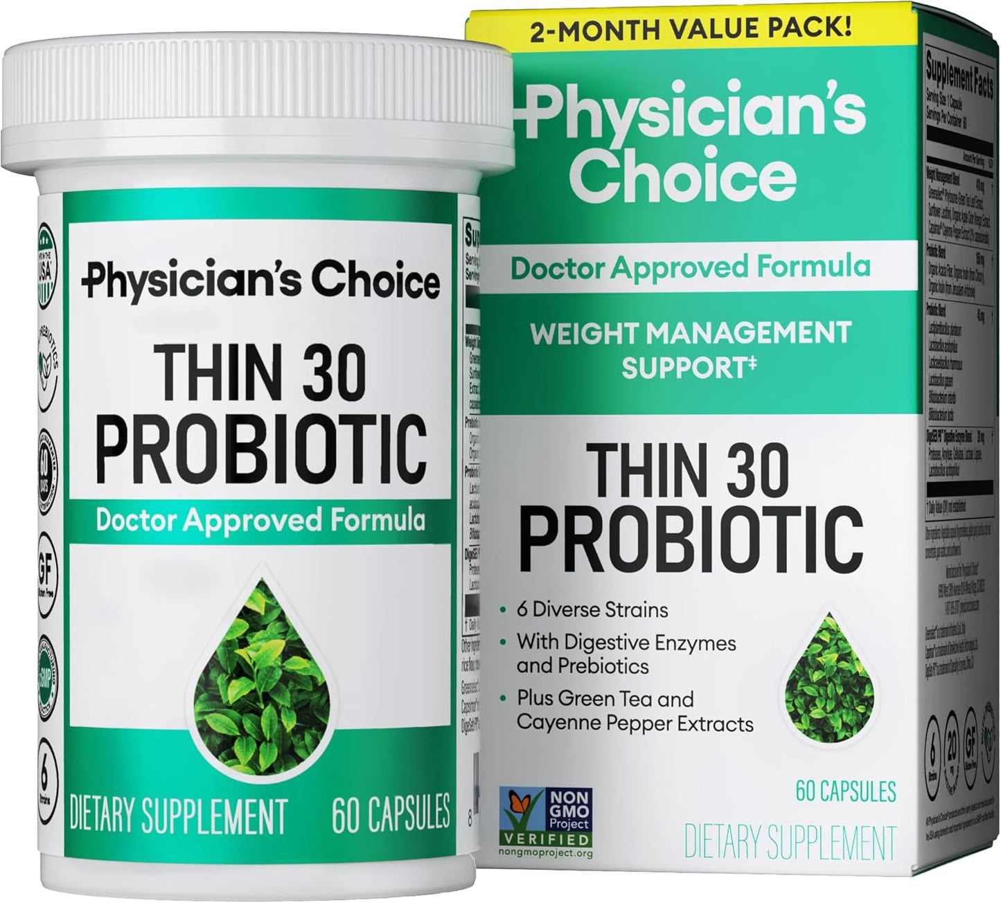 Physician's CHOICE Probiotics with Cayenne for Weight Management & Gut Health - 6 Strains, Prebiotics, Green Tea - 60 CT