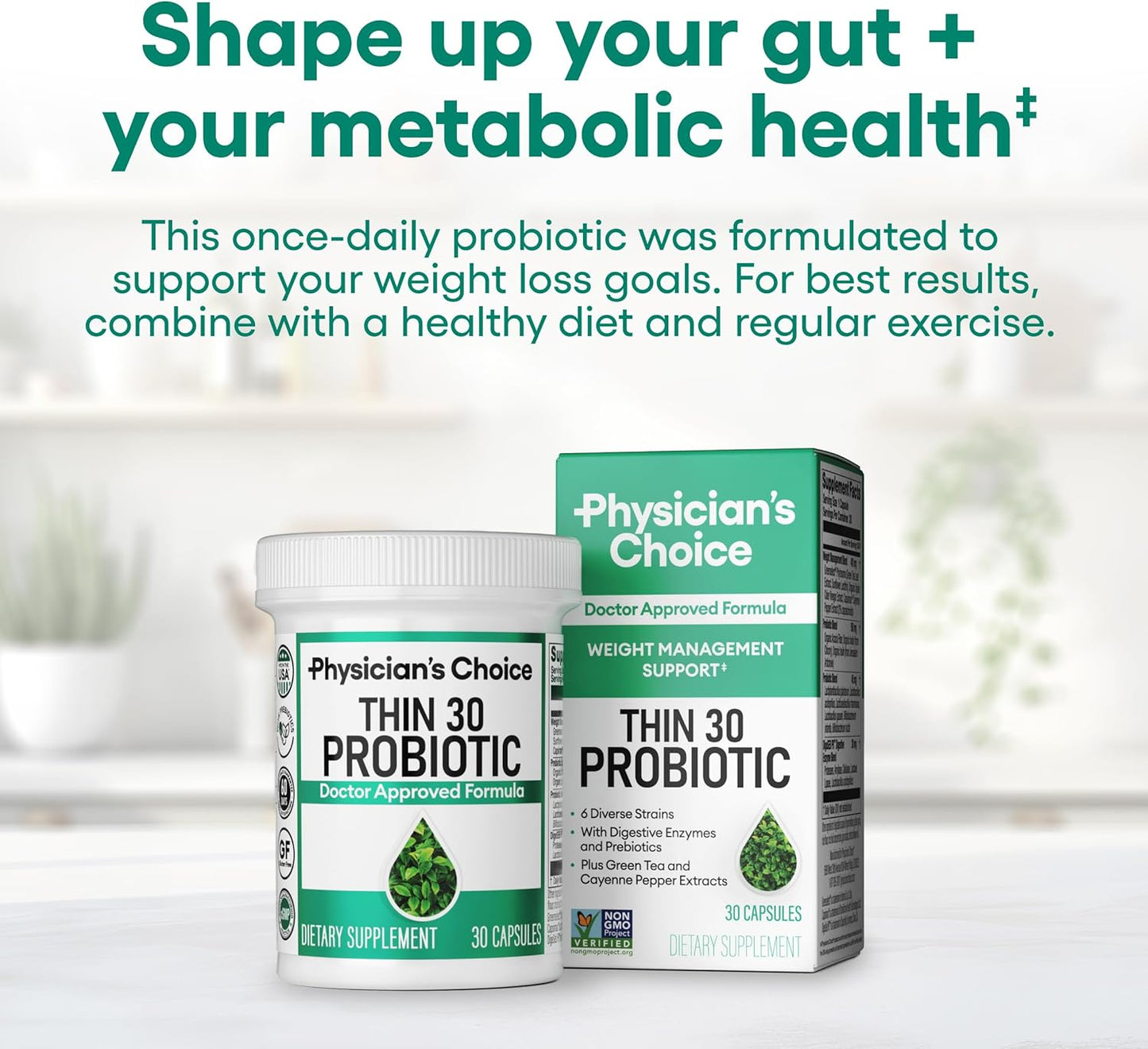 Physician's CHOICE Probiotics with Cayenne for Weight Management & Gut Health - 6 Strains, Prebiotics, Green Tea - 60 CT