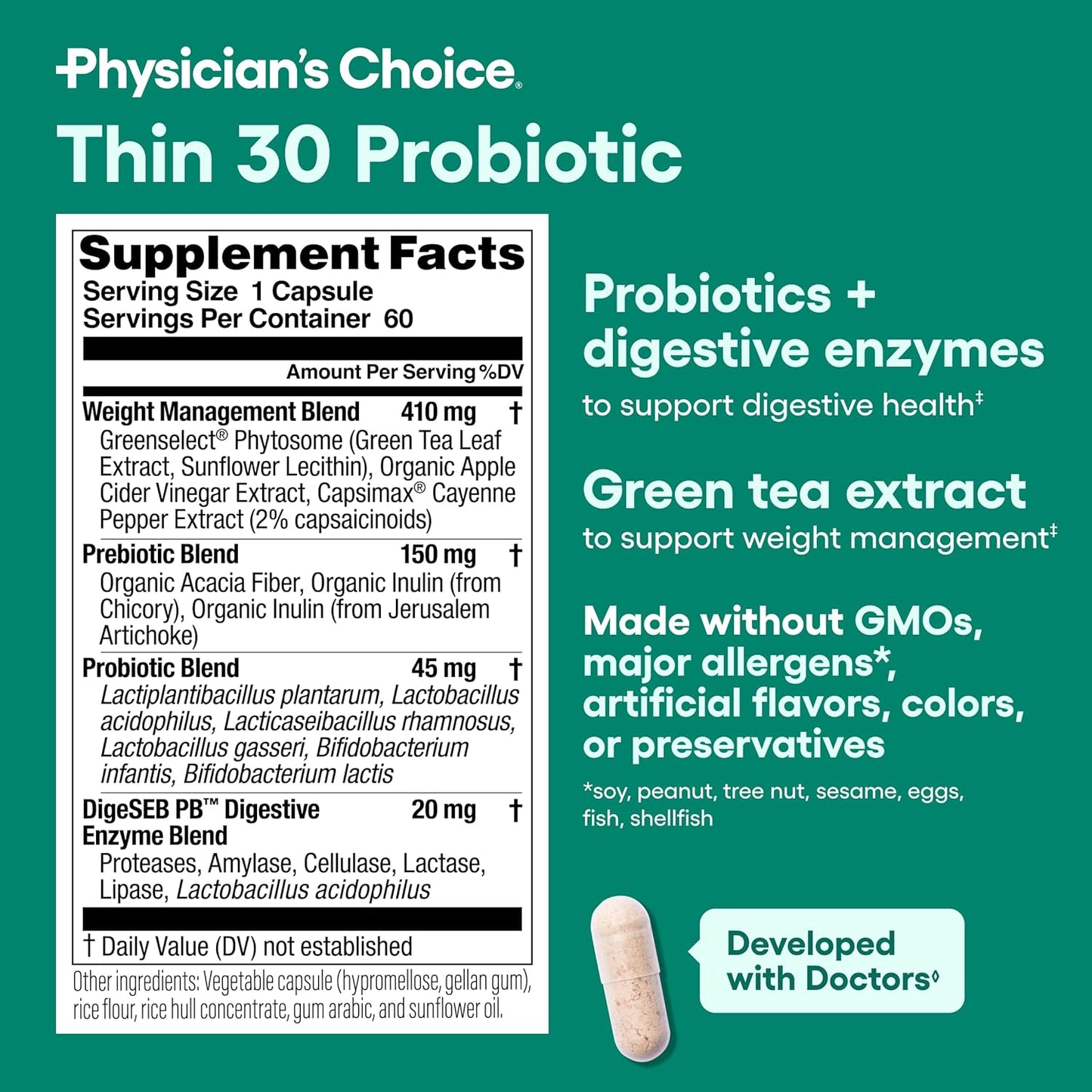 Physician's CHOICE Probiotics with Cayenne for Weight Management & Gut Health - 6 Strains, Prebiotics, Green Tea - 60 CT