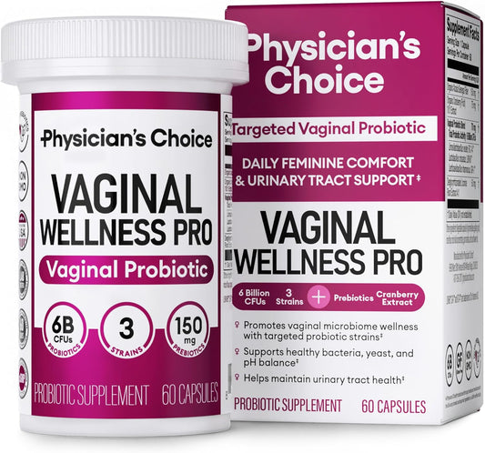 Physician's CHOICE Vaginal Probiotics with Licorice Root - Supports PH Balance, Odor Control, Yeast, and Feminine Health - 6B CFU - Organic Prebiotic and Cranberry - 60 CT