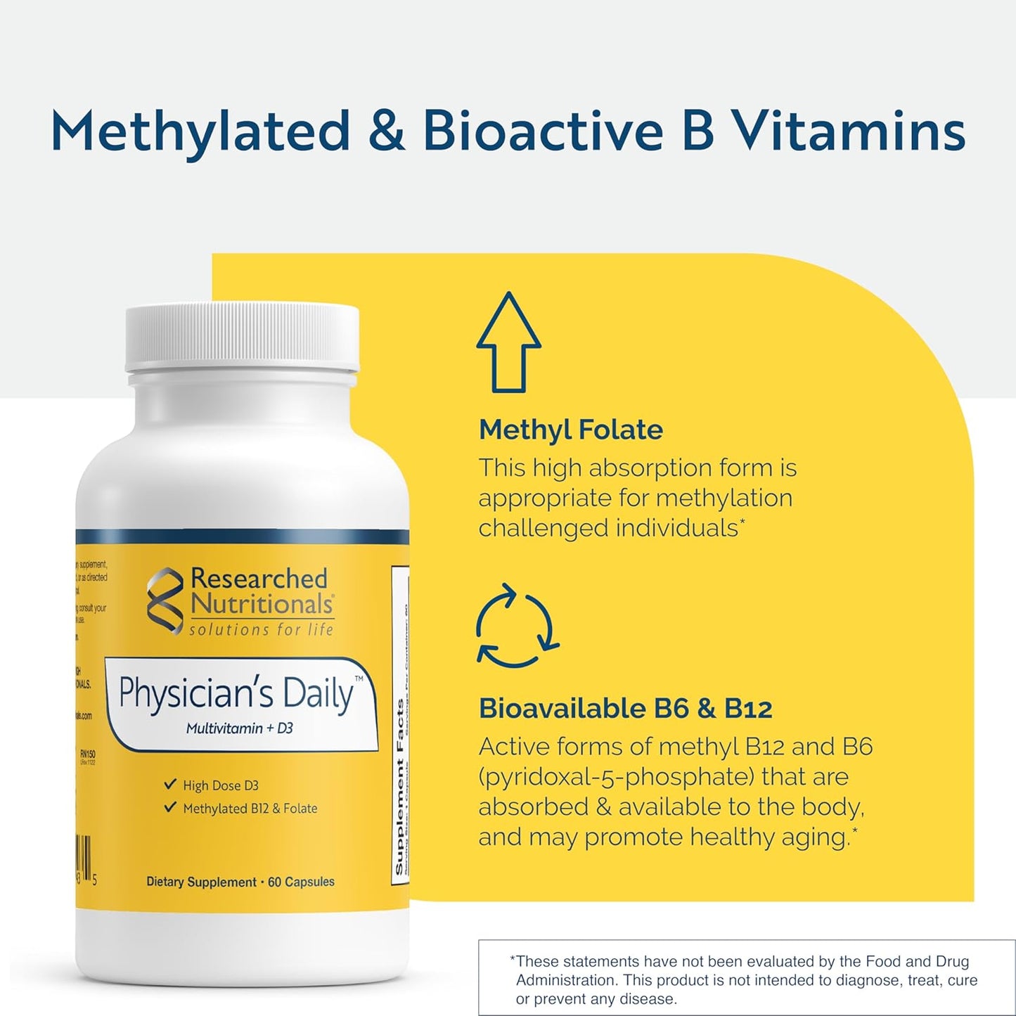 Physician's Daily + D3 Multivitamin Supplement with Vitamin D3, B12, B6, and Folate - 60 Capsules for Men and Women
