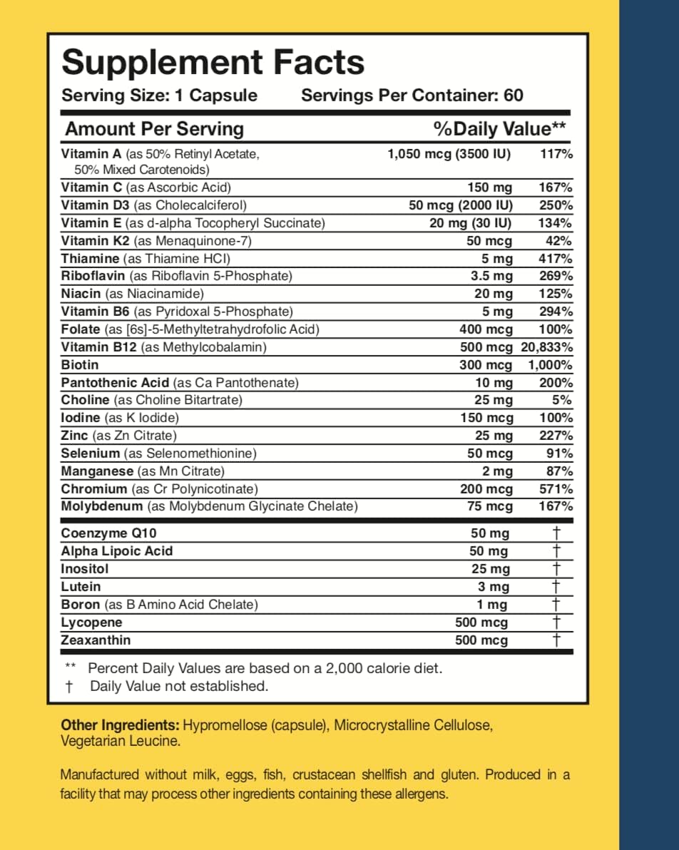 Physician's Daily + D3 Multivitamin Supplement with Vitamin D3, B12, B6, and Folate - 60 Capsules for Men and Women