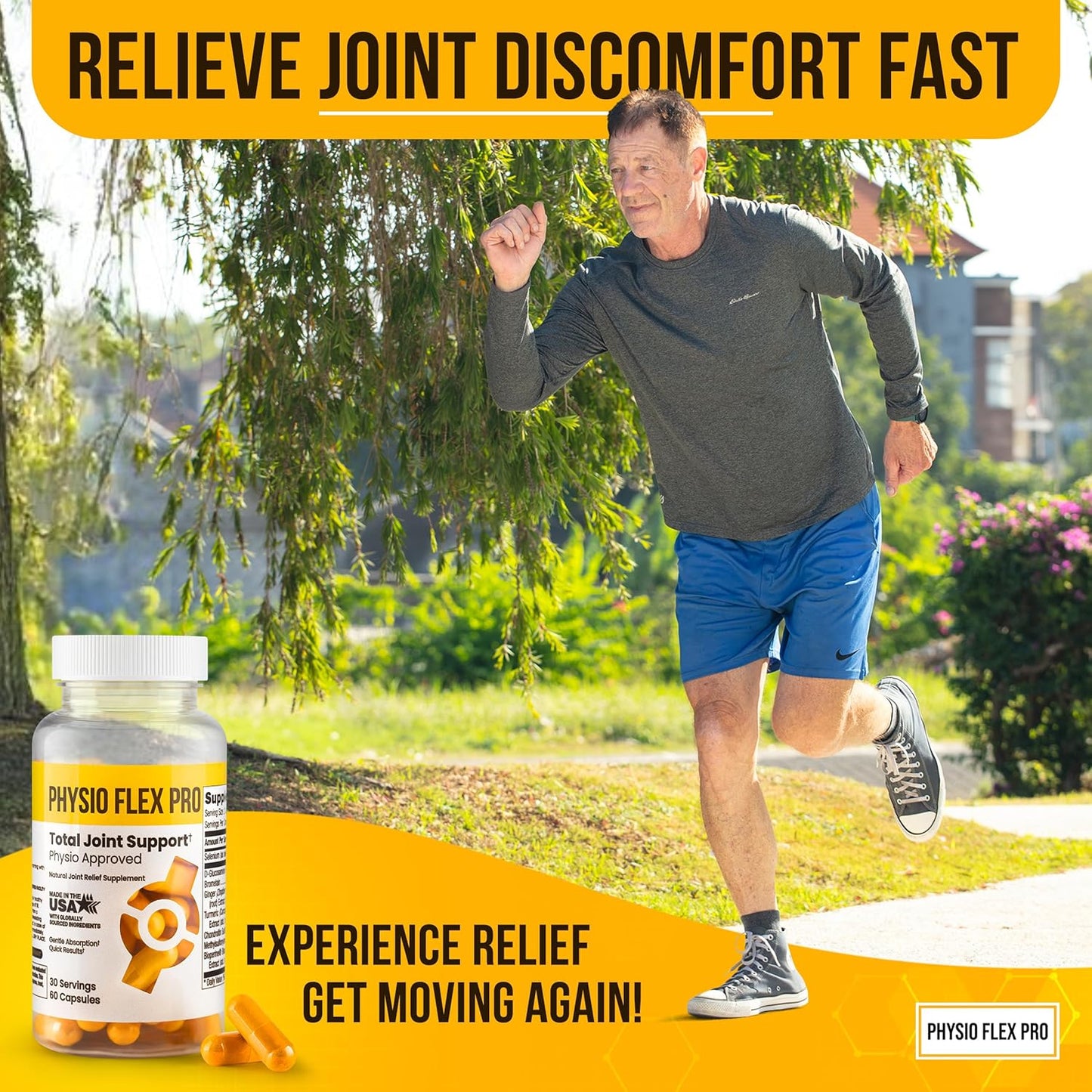 Physio Flex Pro Men's Joint Support Supplement - Glucosamine, Chondroitin, Selenium & Bromelain - 60 Capsules - Made in USA