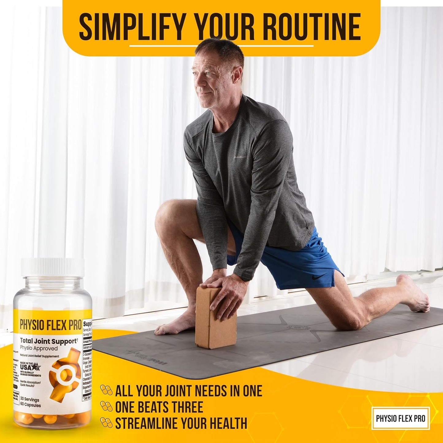 Physio Flex Pro Men's Joint Support Supplement - Glucosamine, Chondroitin, Selenium & Bromelain - 60 Capsules - Made in USA