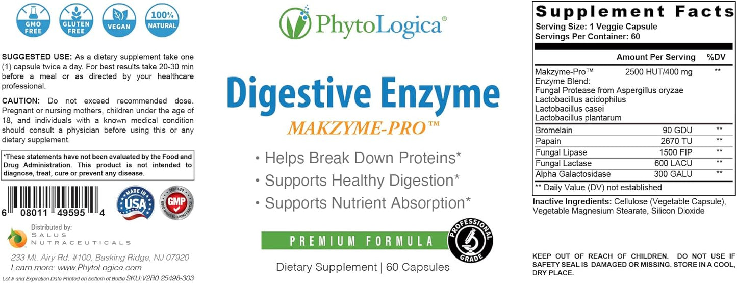 PhytoLogica Digestive Enzymes with Makzyme-Pro: Enzyme & Probiotic Supplement - Supports Digestion & Nutrition Absorption - Non-GMO, Gluten-Free, Vegan - 60 Capsules