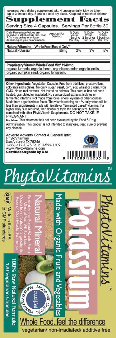 PhytoVitamins Organic Whole Food Potassium Vegetarian Capsules - 120 Count