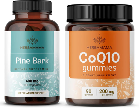 Pine Bark and CoQ10 Bundle - 400mg Capsules & 200mg Gummies - Vegan, Non-GMO - 2 Pack