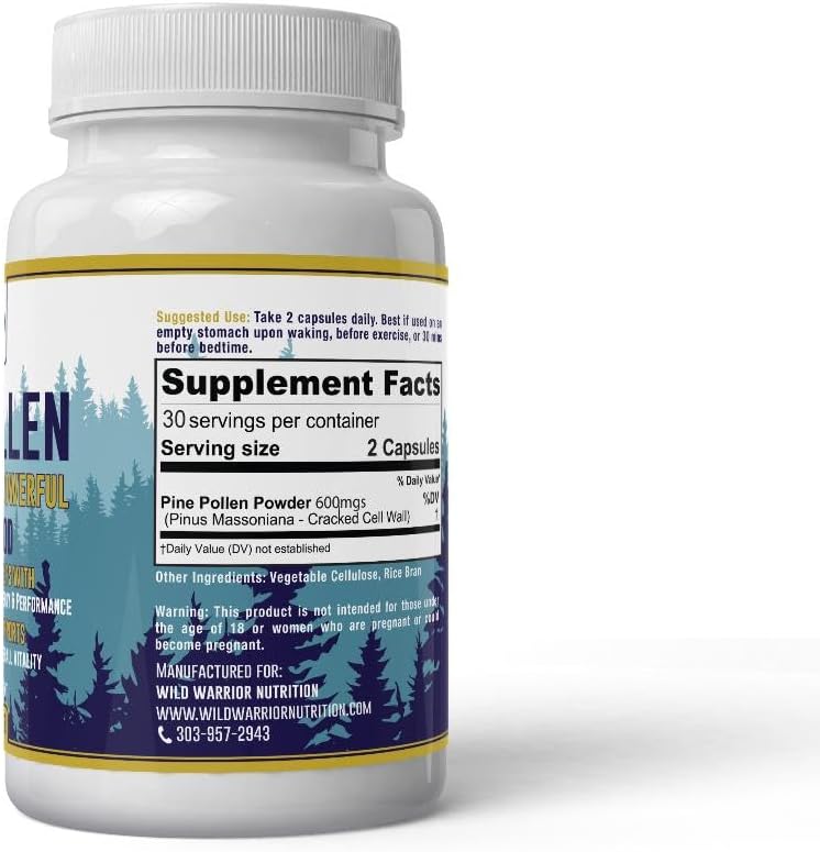 Pine Pollen 600mg Capsules - Daily Health Supplement with Superfood Vitamins & Minerals for a Month Supply