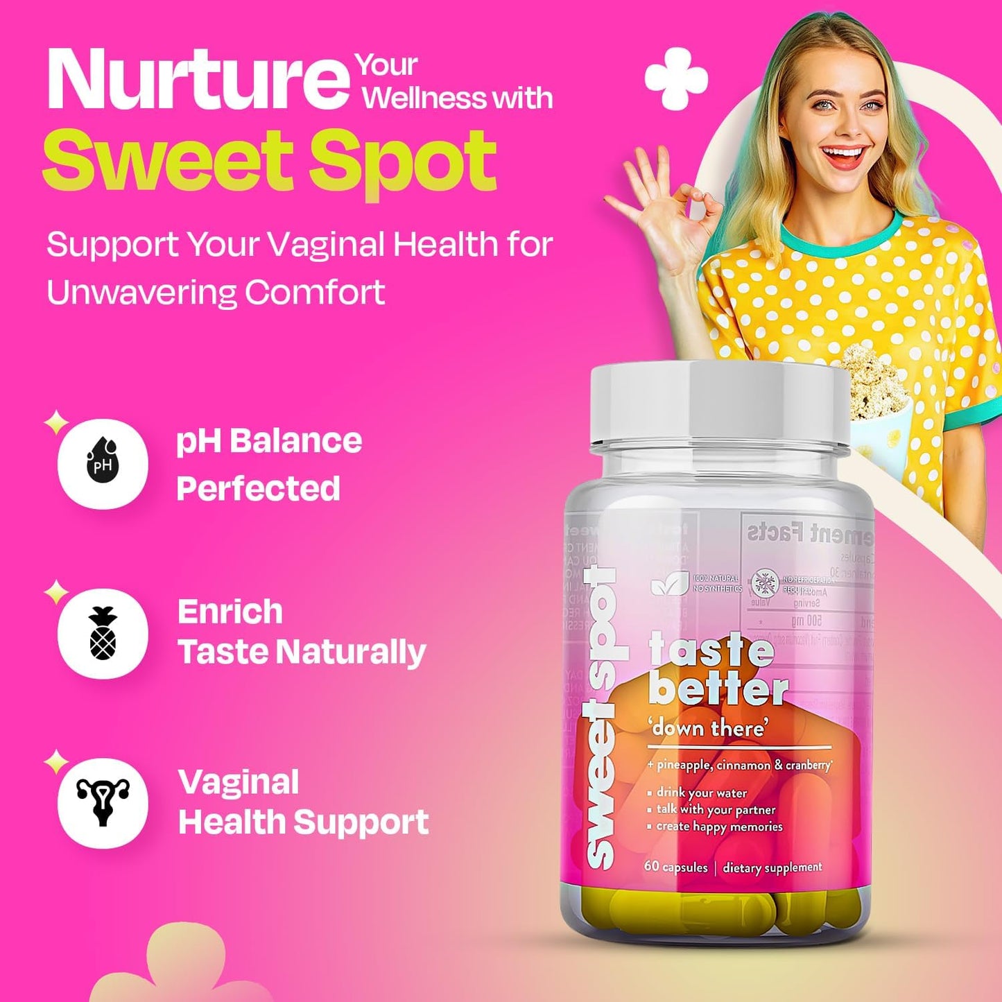 Pineapple Extract Vaginal Probiotics - Freshens Taste & Supports Vaginal Health - Natural pH Balance - 60 Capsules, Made in USA