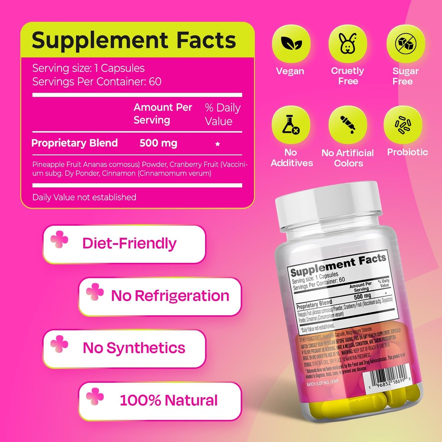 Pineapple Extract Vaginal Probiotics - Freshens Taste & Supports Vaginal Health - Natural pH Balance - 60 Capsules, Made in USA