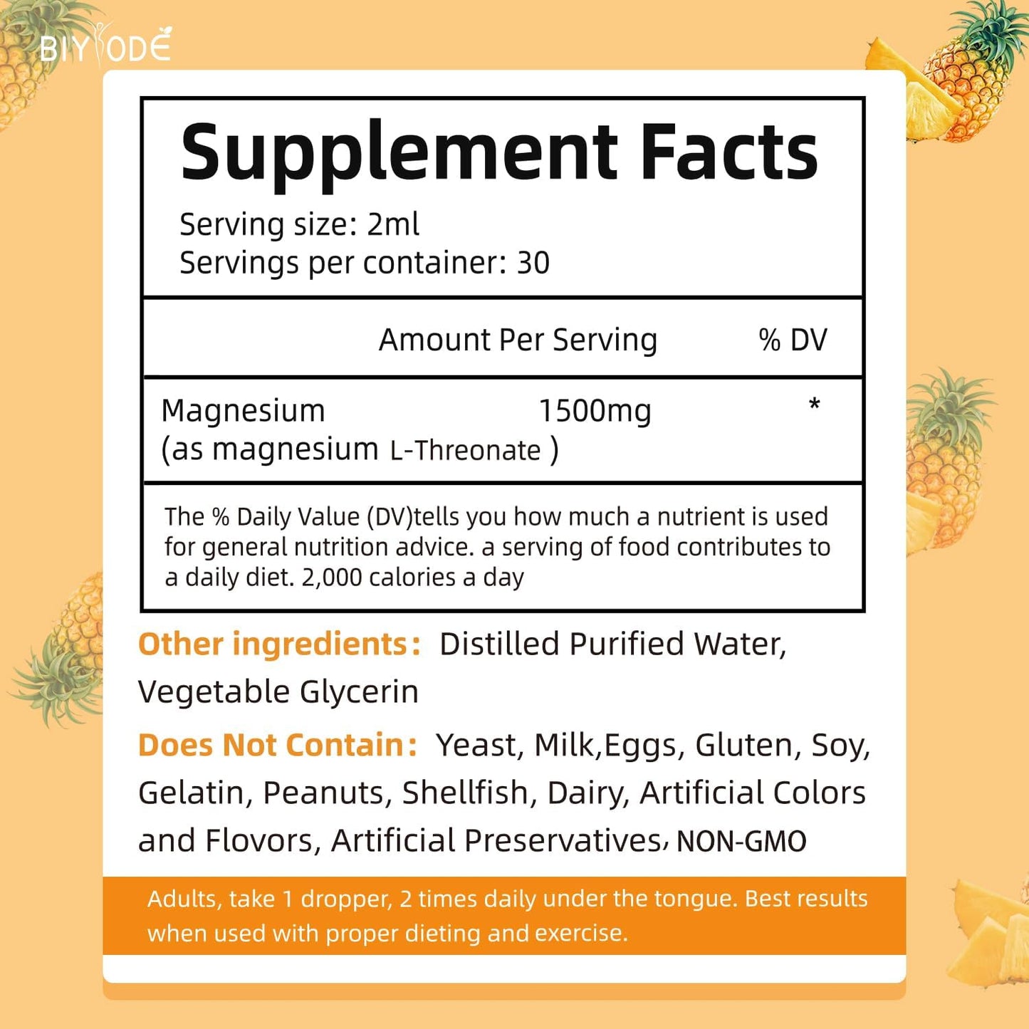 Pineapple Flavored BIYODE Magnesium L-Threonate Liquid Drops for Restoring Health and Managing Stress - 60ml Bottle