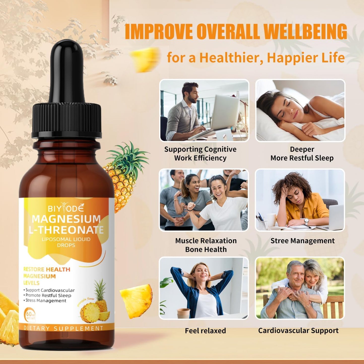Pineapple Flavored BIYODE Magnesium L-Threonate Liquid Drops for Restoring Health and Managing Stress - 60ml Bottle