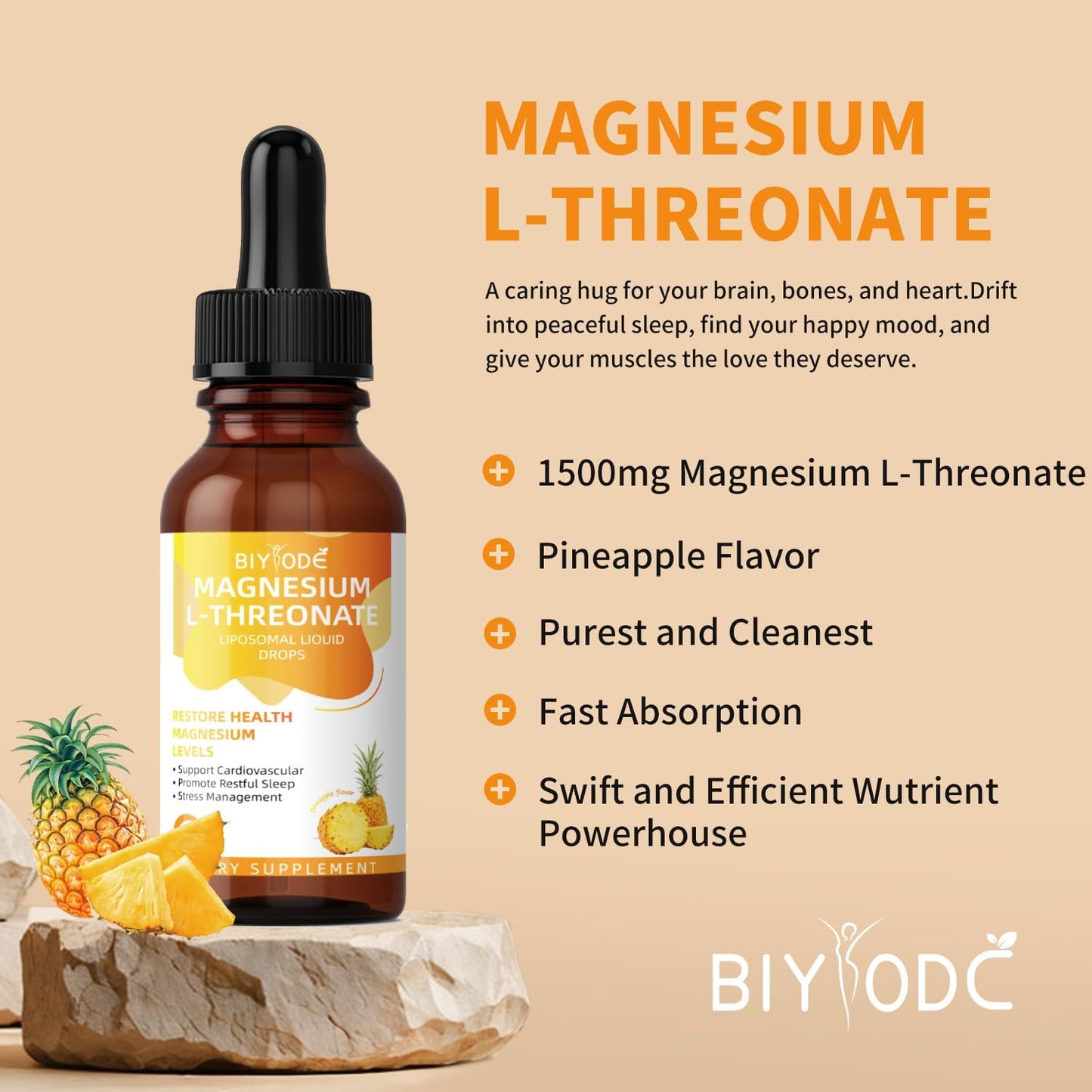 Pineapple Flavored BIYODE Magnesium L-Threonate Liquid Drops for Restoring Health and Managing Stress - 60ml Bottle