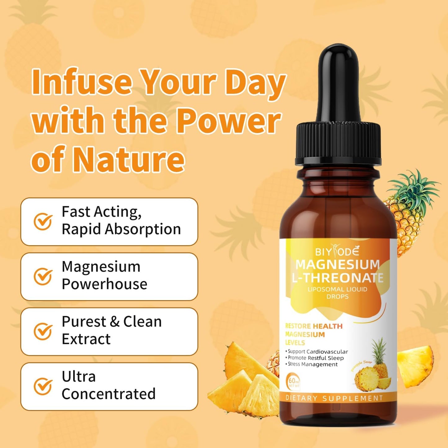 Pineapple Flavored BIYODE Magnesium L-Threonate Liquid Drops for Restoring Health and Managing Stress - 60ml Bottle