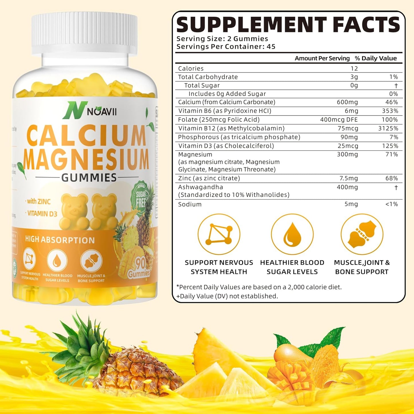 Pineapple Flavored Calcium Magnesium Zinc Gummies with Vitamin D3 and Ashwagandha - 180 Count - High Potency and Enhanced Absorption Formula