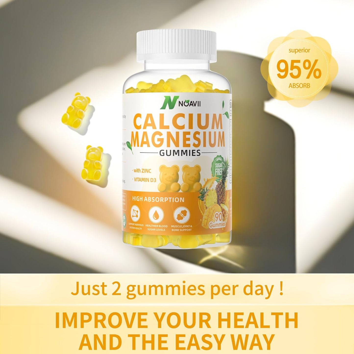 Pineapple Flavored Calcium Magnesium Zinc Gummies with Vitamin D3 and Ashwagandha - 180 Count - High Potency and Enhanced Absorption Formula