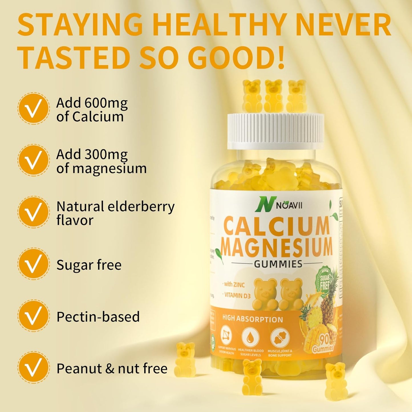 Pineapple Flavored Calcium Magnesium Zinc Gummies with Vitamin D3 and Ashwagandha - 180 Count - High Potency and Enhanced Absorption Formula