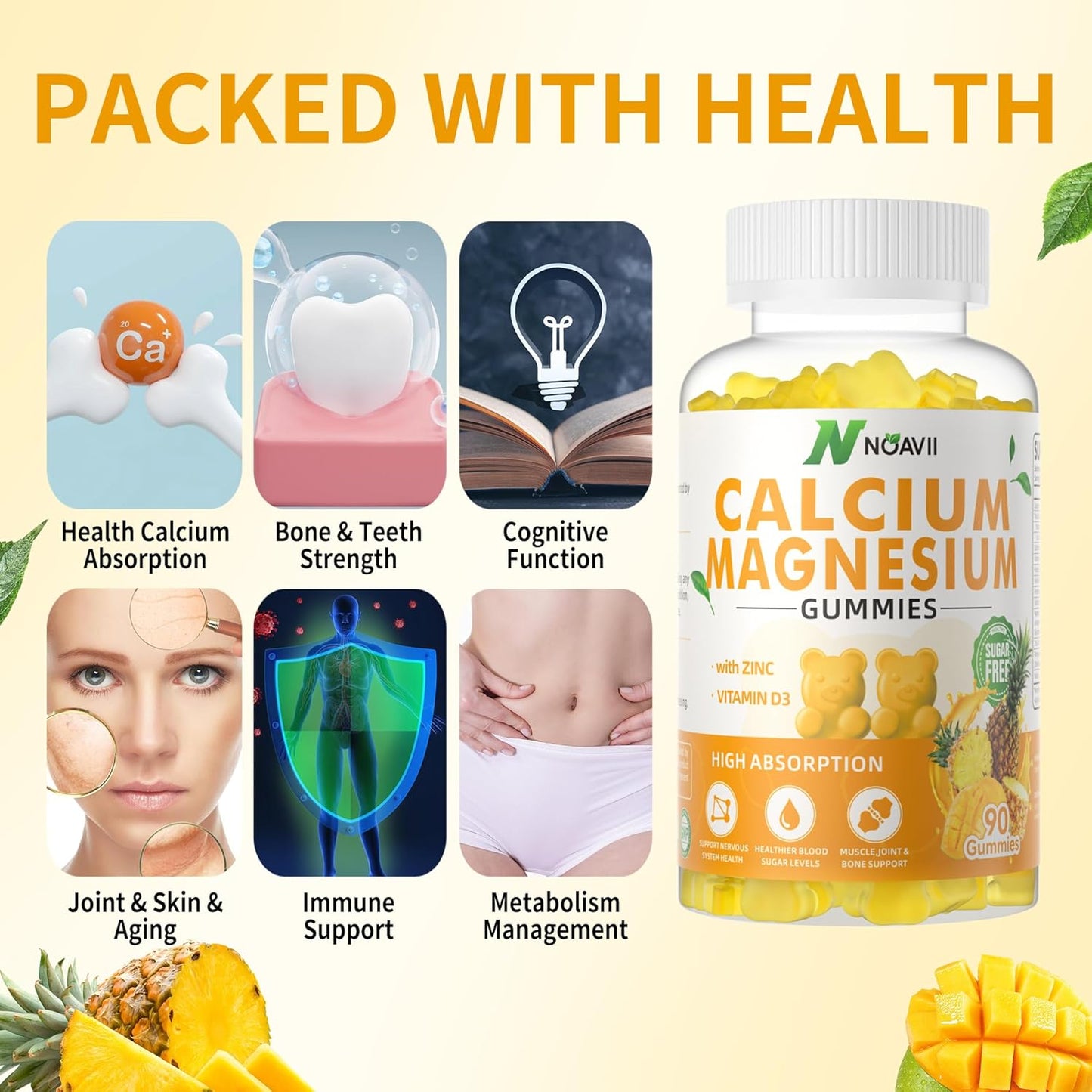 Pineapple Flavored Calcium Magnesium Zinc Gummies with Vitamin D3 and Ashwagandha - 180 Count - High Potency and Enhanced Absorption Formula
