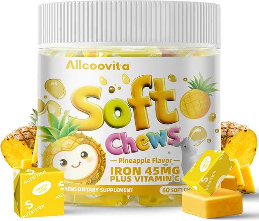Pineapple Flavored Iron Soft Chew Supplement with Vitamin C - Gluten Free - 60 Count - 2 Month Supply for Women, Men, and Kids