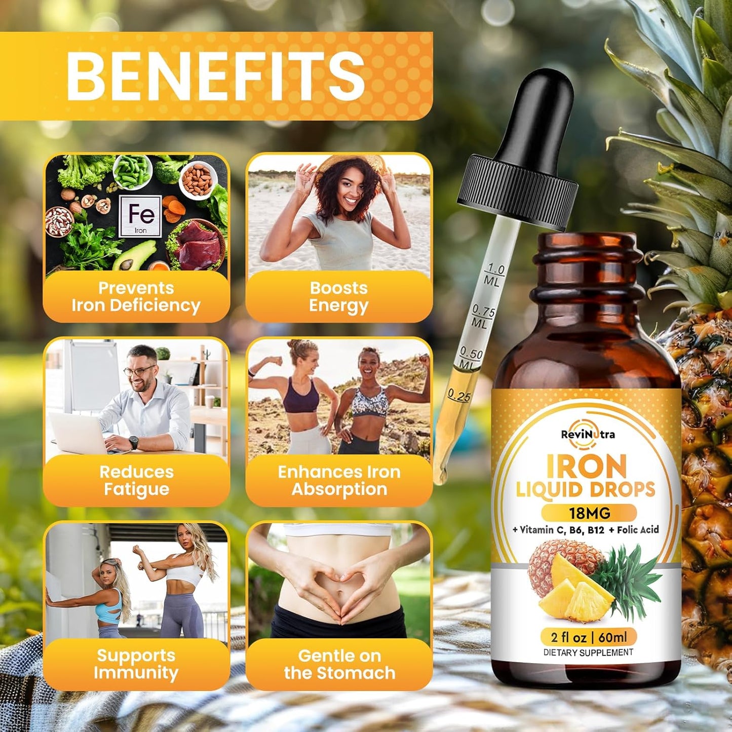 Pineapple Flavored ReviNutra Liquid Magnesium and Iron Supplement for Enhanced Health and Wellness