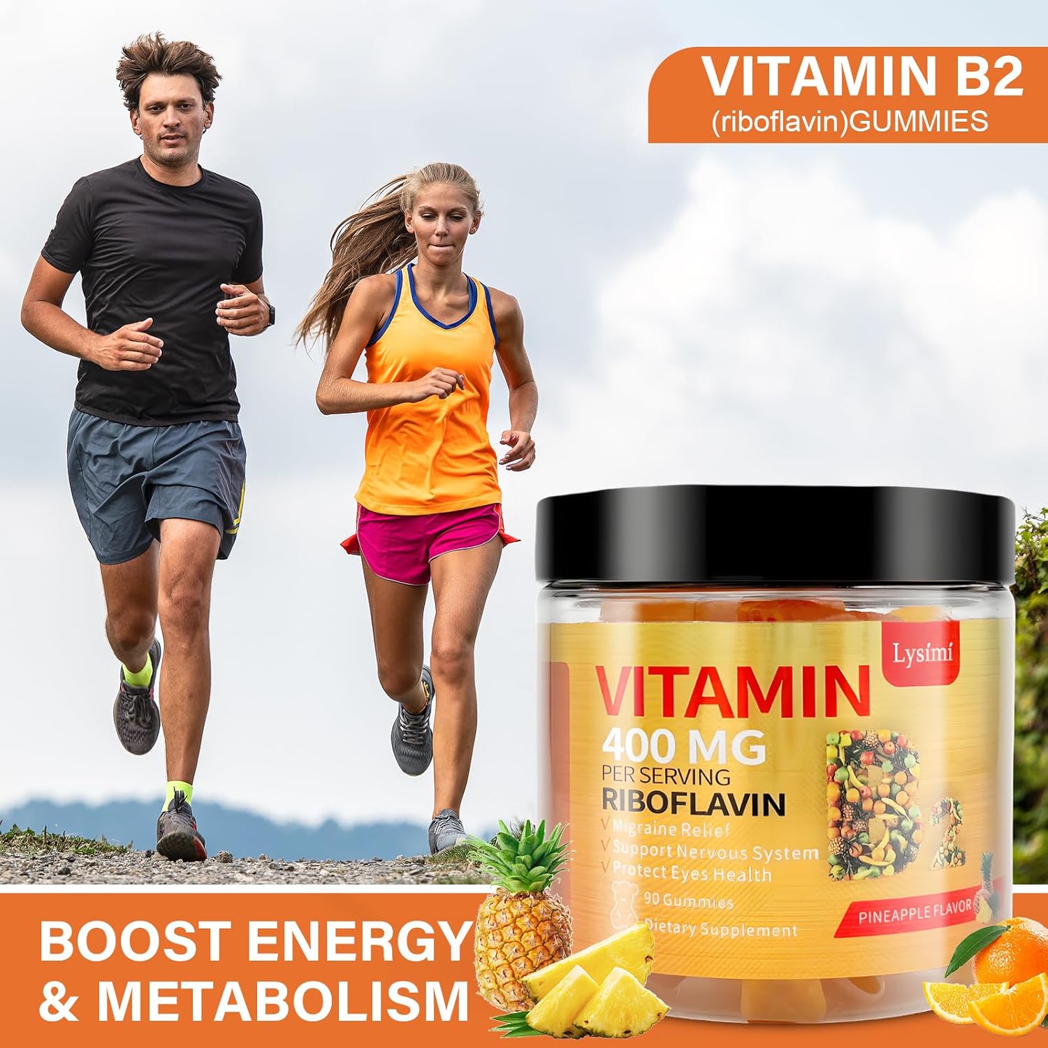 Pineapple Flavored Vitamin B2 400mg Gummies with Magnesium & CoQ10 - Migraine Relief & Nervous System Support - 90 Chewable Gummies for All Ages